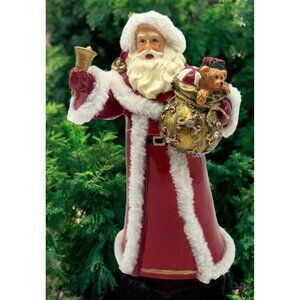 Santa Claus Bell Ringer Christmas Figurine with Ornate Toy Sack Red Robe